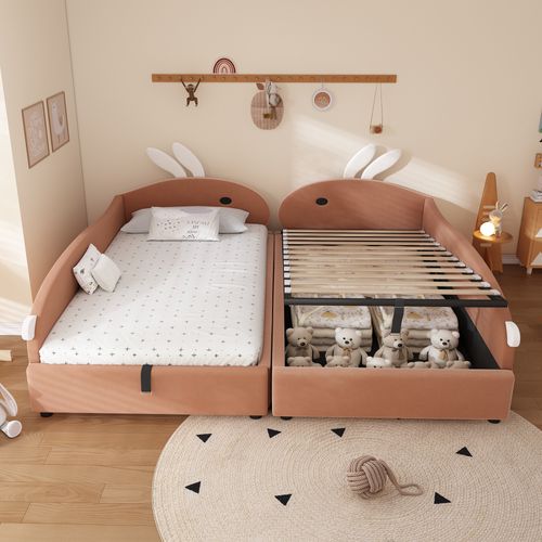 2 Lits Coffres Enfants 90×200 Cm, Rangement Hydraulique, Tête Lapin, Velours, Rose