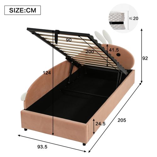 2 Lits Coffres Enfants 90×200 Cm, Rangement Hydraulique, Tête Lapin, Velours, Rose