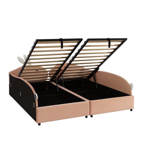 2 Lits Coffres Enfants 90×200 Cm, Rangement Hydraulique, Tête Lapin, Velours, Rose