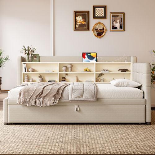 Lit Gigogne 90x200 Cm - Lit Simple Avec Rangement, Ports USB Et Type-c, Lin Beige