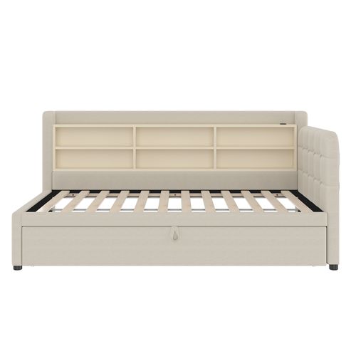 Lit Gigogne 90x200 Cm - Lit Simple Avec Rangement, Ports USB Et Type-c, Lin Beige