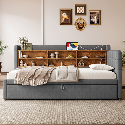 Lit Gigogne 90x200 Cm - Lit Simple Avec Rangement, Ports USB Et Type-c, Lin Gris