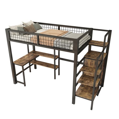 Lit Mezzanine 90x200 Cm Avec Bureau, Placard Et Étagères, Structure Métal Robuste Noir