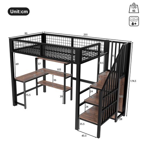 Lit Mezzanine 90x200 Cm Avec Bureau, Placard Et Étagères, Structure Métal Robuste Noir