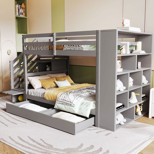 Lit Superposé Enfant 90x200 Cm Avec Escalier Sécurisé Et Rangements, Pin Massif Et Mdf, Gris