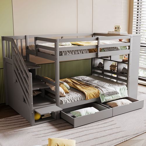 Lit Superposé Enfant 90x200 Cm Avec Escalier Sécurisé Et Rangements, Pin Massif Et Mdf, Gris