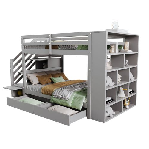 Lit Superposé Enfant 90x200 Cm Avec Escalier Sécurisé Et Rangements, Pin Massif Et Mdf, Gris