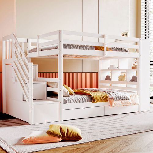 Lit Superposé Enfant 90x200 Cm Avec Escalier Sécurisé Et Rangements, Pin Massif Et Mdf, Blanc