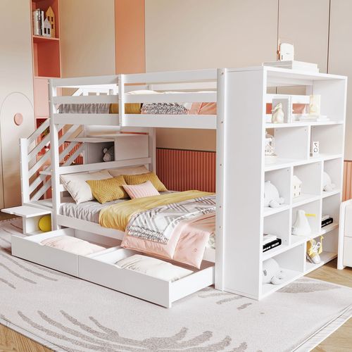 Lit Superposé Enfant 90x200 Cm Avec Escalier Sécurisé Et Rangements, Pin Massif Et Mdf, Blanc