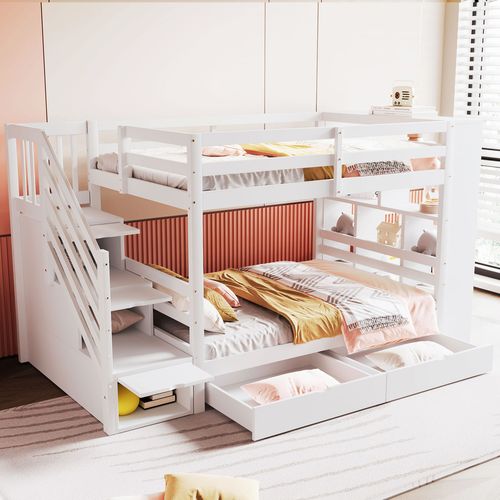 Lit Superposé Enfant 90x200 Cm Avec Escalier Sécurisé Et Rangements, Pin Massif Et Mdf, Blanc