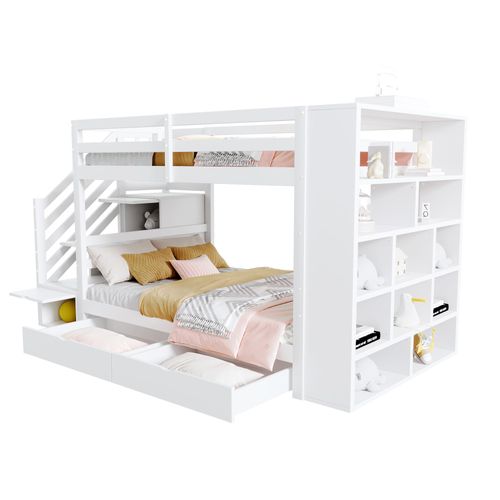 Lit Superposé Enfant 90x200 Cm Avec Escalier Sécurisé Et Rangements, Pin Massif Et Mdf, Blanc