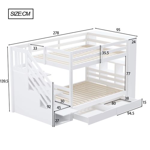 Lit Superposé Enfant 90x200 Cm Avec Escalier Sécurisé Et Rangements, Pin Massif Et Mdf, Blanc