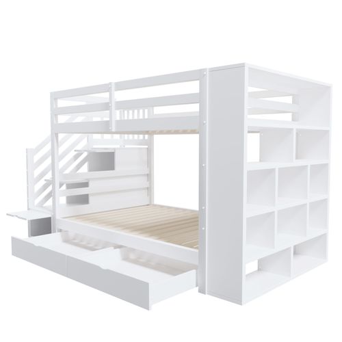 Lit Superposé Enfant 90x200 Cm Avec Escalier Sécurisé Et Rangements, Pin Massif Et Mdf, Blanc