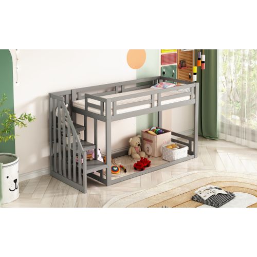 Lit Superposé Enfant 90x200 Cm Avec Toît, Escalier Sécurisé Et Structure Solide, Bois Et Mdf, Gris