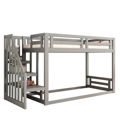 Lit Superposé Enfant 90x200 Cm Avec Toît, Escalier Sécurisé Et Structure Solide, Bois Et Mdf, Gris