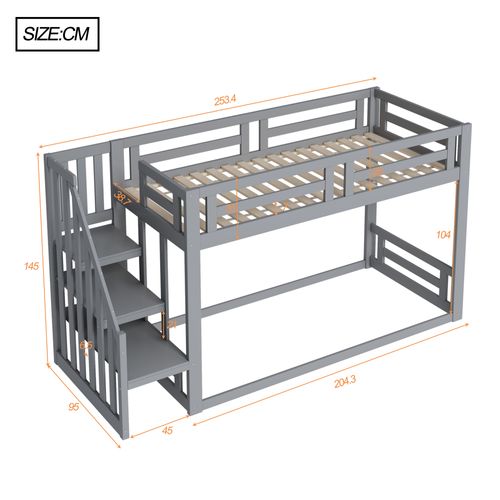 Lit Superposé Enfant 90x200 Cm Avec Toît, Escalier Sécurisé Et Structure Solide, Bois Et Mdf, Gris