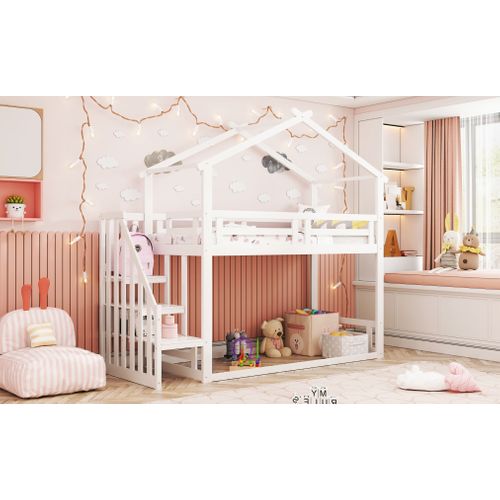 Lit Superposé Enfant 90x200 Cm Avec Toît Et Escalier Sécurisé, Cadre Bois Et Lattes Solides, Blanc
