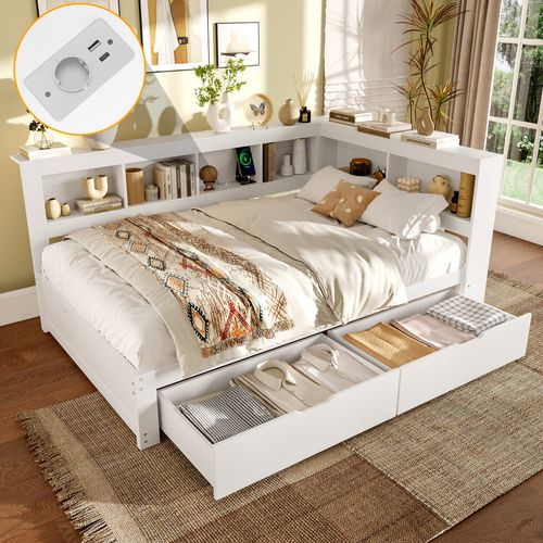 Lit Gigogne 140x200 Cm Ado Avec Couchage Supplémentaire 90x190 Cm, Prises, 2 USB, Mdf Blanc