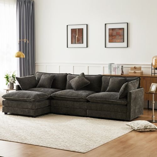 Canapés D’angle L 3 Places En Chenille Avec Pouf, Assise Rembourrée, Gris