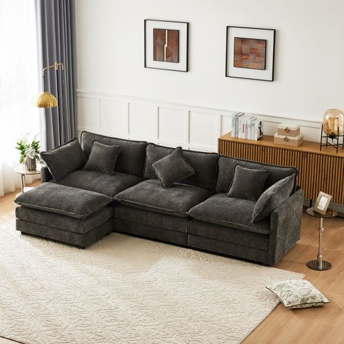 Canapés D’angle L 3 Places En Chenille Avec Pouf, Assise Rembourrée, Gris
