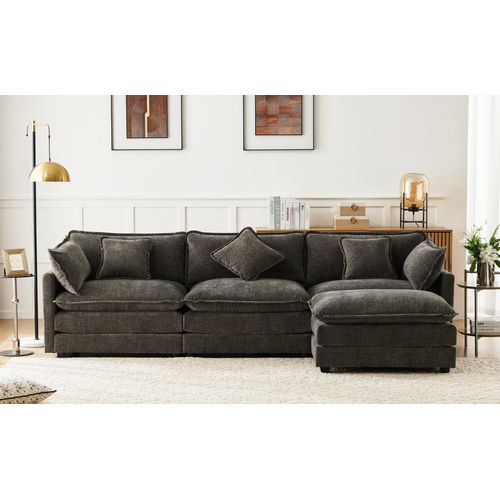 Canapés D’angle L 3 Places En Chenille Avec Pouf, Assise Rembourrée, Gris