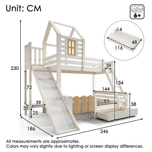 Lit Superposé 90x200/140x200 Enfant Cabane Avec Toboggan Et Tiroirs, Bois + Mdf, Blanc Et Naturel