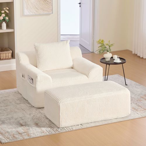 Fauteuil Relax En Velours Côtelé Avec Repose-pieds Et Coussin, Sans Montage, Beige
