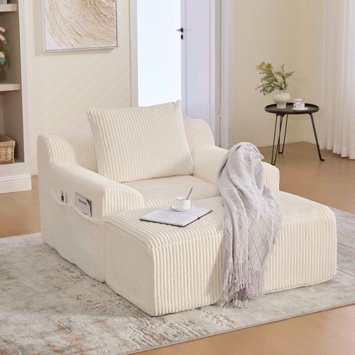 Fauteuil Relax En Velours Côtelé Avec Repose-pieds Et Coussin, Sans Montage, Beige