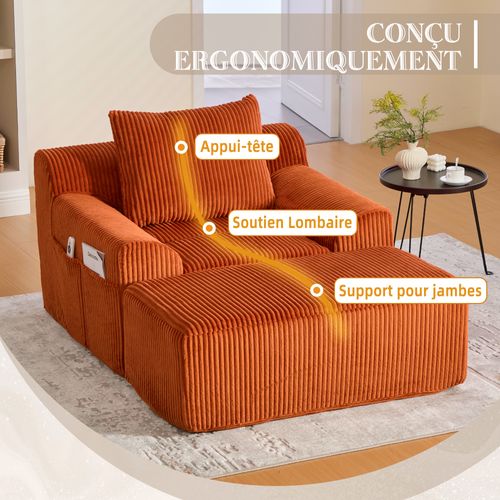 Fauteuil Relax En Velours Côtelé Avec Repose-pieds Et Coussin, Sans Montage, Orange