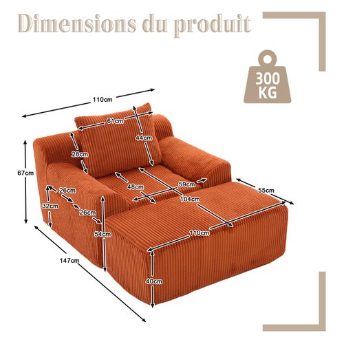 Fauteuil Relax En Velours Côtelé Avec Repose-pieds Et Coussin, Sans Montage, Orange