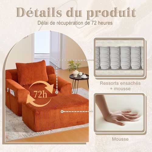 Fauteuil Relax En Velours Côtelé Avec Repose-pieds Et Coussin, Sans Montage, Orange