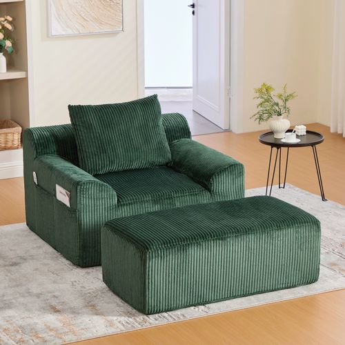 Fauteuil Relax En Velours Côtelé Avec Repose-pieds Et Coussin, Sans Montage, Émeraude