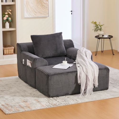 Fauteuil Relax En Velours Côtelé Avec Repose-pieds Et Coussin, Sans Montage, Gris