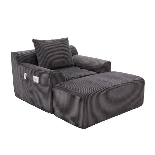 Fauteuil Relax En Velours Côtelé Avec Repose-pieds Et Coussin, Sans Montage, Gris