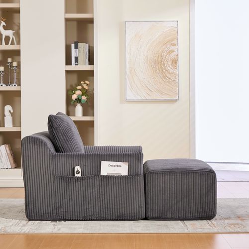 Fauteuil Relax En Velours Côtelé Avec Repose-pieds Et Coussin, Sans Montage, Gris