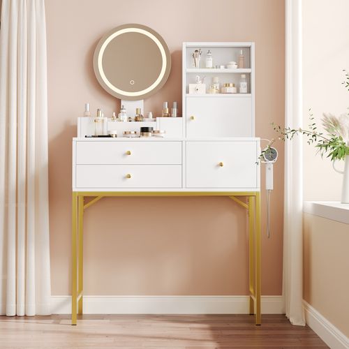 Coiffeuse Moderne Blanche, Éclairage LED, 3 Tiroirs Et 1 Porte De Rangement, Mdf