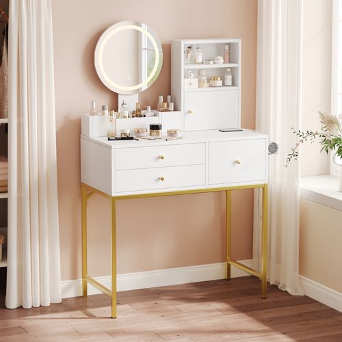 Coiffeuse Moderne Blanche, Éclairage LED, 3 Tiroirs Et 1 Porte De Rangement, Mdf