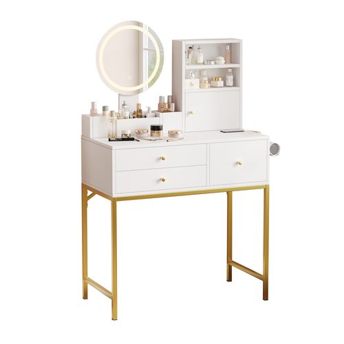 Coiffeuse Moderne Blanche, Éclairage LED, 3 Tiroirs Et 1 Porte De Rangement, Mdf