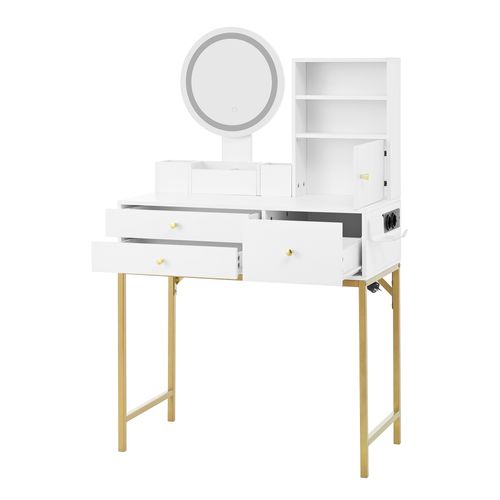 Coiffeuse Moderne Blanche, Éclairage LED, 3 Tiroirs Et 1 Porte De Rangement, Mdf