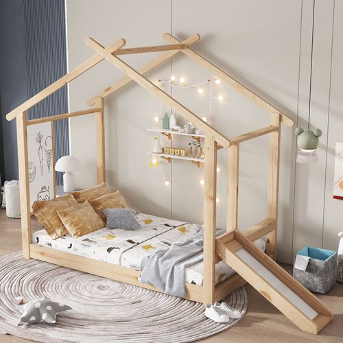 Lit Enfant 90x200 Cm Cabane Avec Toboggan Et Tableau Blanc, Sommier Inclus, Pin Et Mdf, Naturel