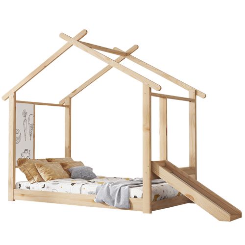 Lit Enfant 90x200 Cm Cabane Avec Toboggan Et Tableau Blanc, Sommier Inclus, Pin Et Mdf, Naturel