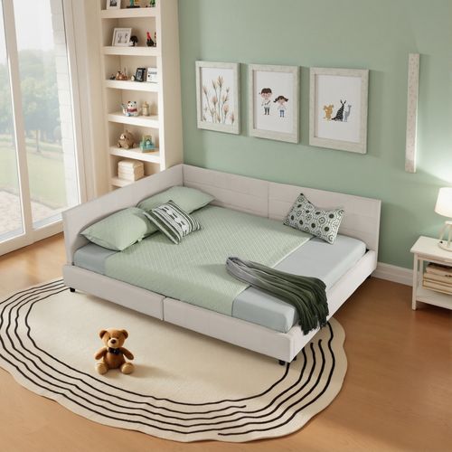 Lit Banquette Double 160×200 Cm En Velours Doux, Cadre Bois D’eucalyptus Et Métal, Beige