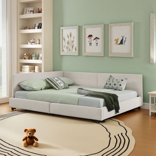 Lit Banquette Double 160×200 Cm En Velours Doux, Cadre Bois D’eucalyptus Et Métal, Beige