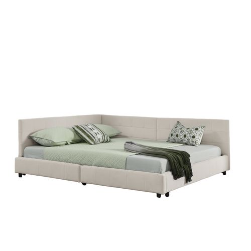 Lit Banquette Double 160×200 Cm En Velours Doux, Cadre Bois D’eucalyptus Et Métal, Beige