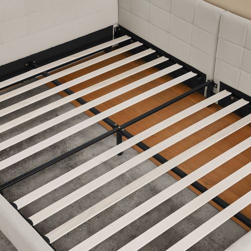 Lit Banquette Double 160×200 Cm En Velours Doux, Cadre Bois D’eucalyptus Et Métal, Beige