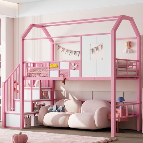 Lit Mezzanine 90x200 Cm - Lit Enfant Avec Escaliers Et Rangement Sous, Métal Rose
