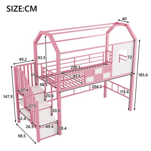 Lit Mezzanine 90x200 Cm - Lit Enfant Avec Escaliers Et Rangement Sous, Métal Rose