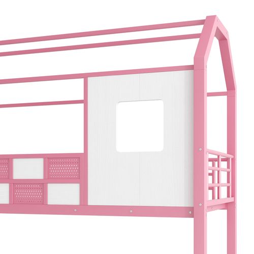 Lit Mezzanine 90x200 Cm - Lit Enfant Avec Escaliers Et Rangement Sous, Métal Rose
