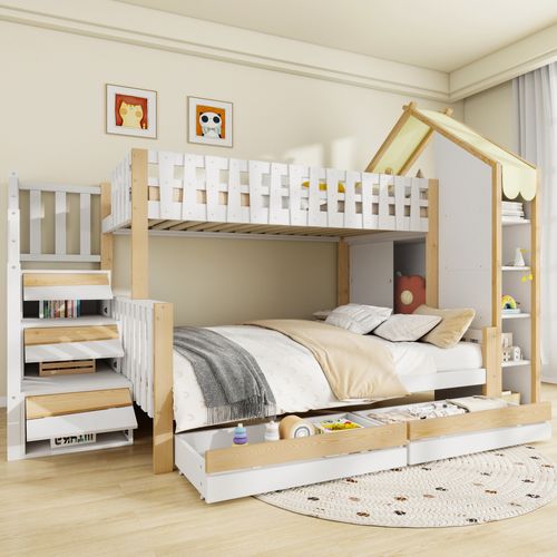 Lit Superposé 90x200 cm Enfant Avec Escalier Et Tiroirs, Cabane Bois Et Mdf, Blanc/naturel