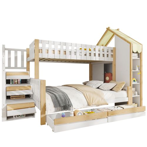 Lit Superposé 90x200 cm Enfant Avec Escalier Et Tiroirs, Cabane Bois Et Mdf, Blanc/naturel